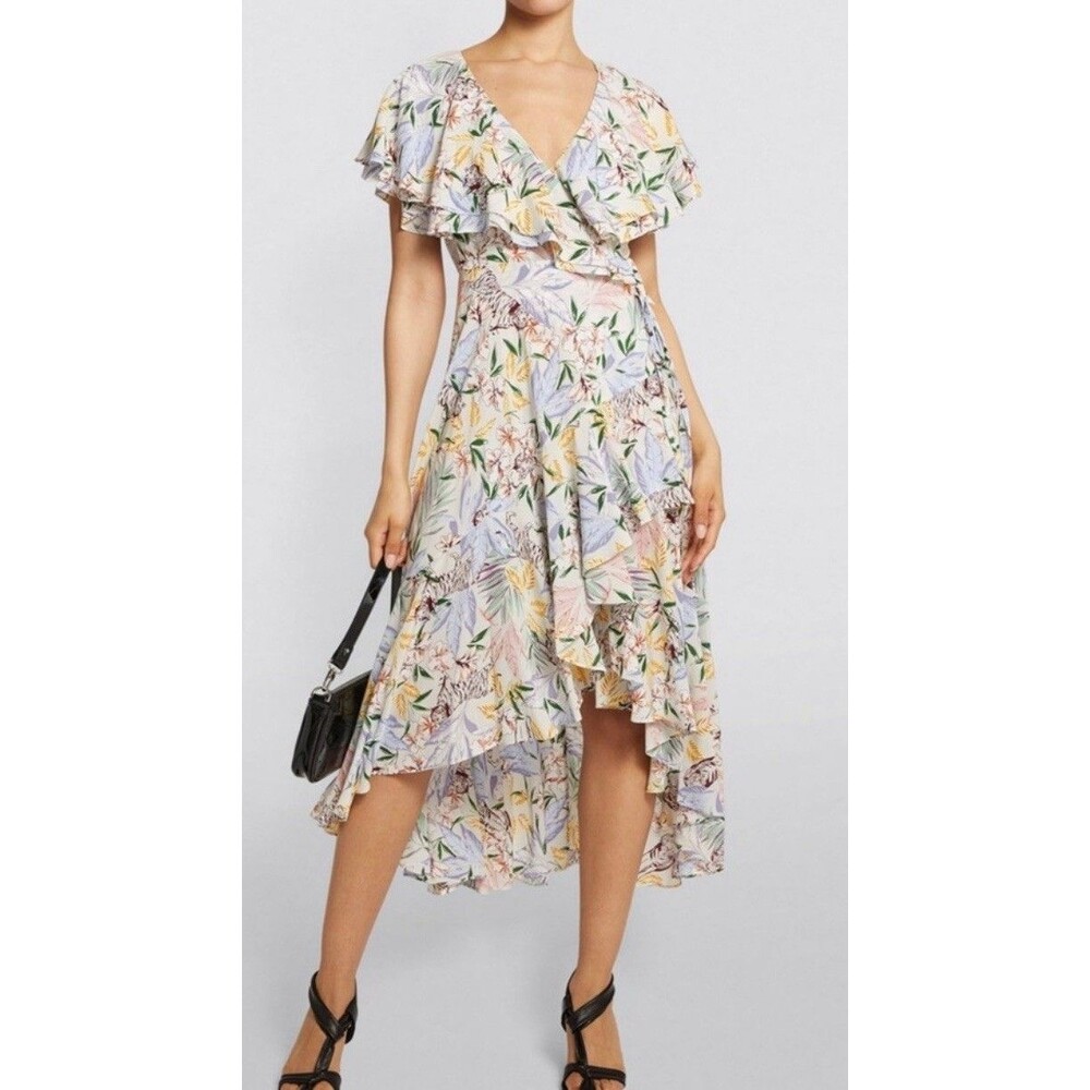 Maje Rivale Asymmetric Wrap High Low  Dress White Tiger & Florals Women's Sz L